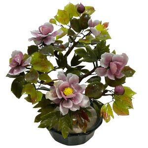 Vintage 1980s Glass Bonsai Tree 11"x12" Faux Flowering Colorful Glass Flowers